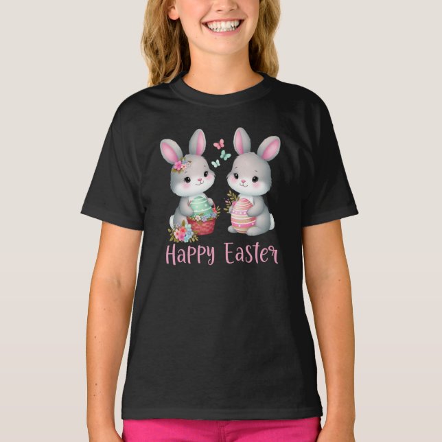 Happy Easter, Floral Rabbit  T Shirt (Framsida)