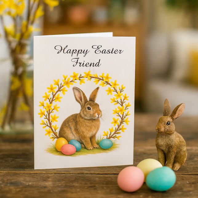 Happy Easter Friend Folded Greeting Card Kort (Rustic Easter card scene with bunny figurine, pastel eggs, and forsythia on warm pine table.)