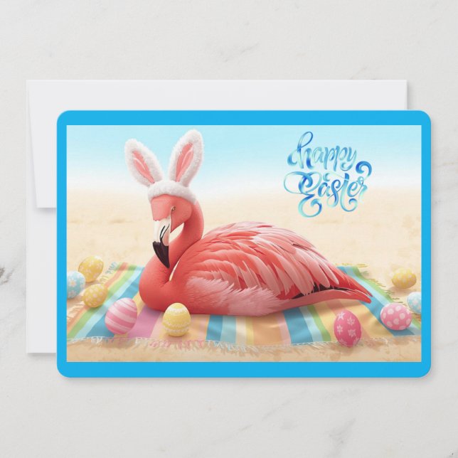 Happy Easter from Florida Flamingo Bunny on Beach Julkort (Framsida)