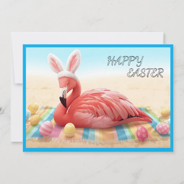 Happy Easter from Florida Flamingo Bunny on Beach Julkort (Framsida)