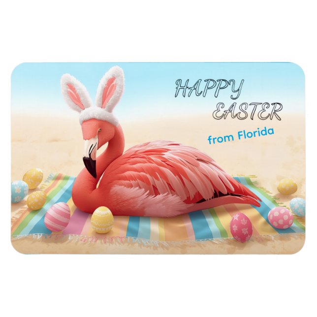 Happy Easter from Florida Flamingo Bunny on Beach Magnet (Horisontell)