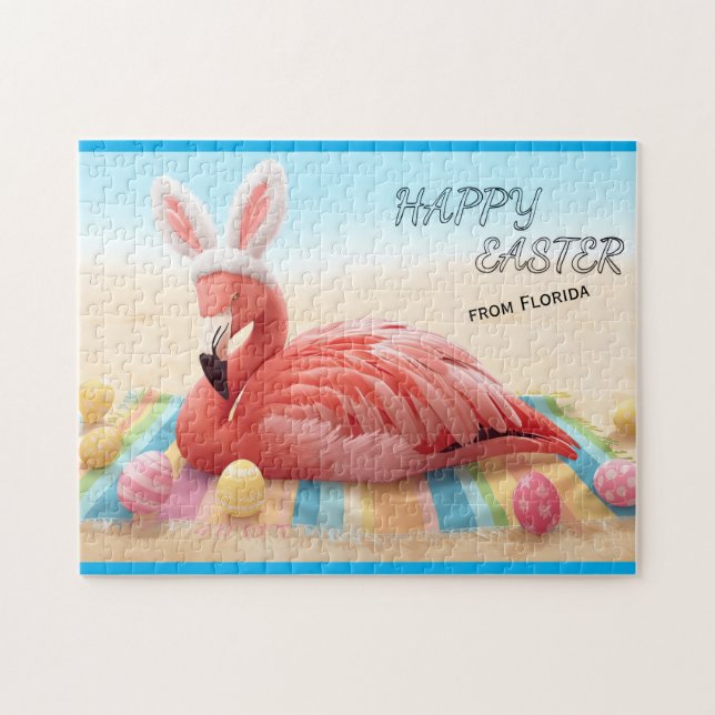 Happy Easter from Florida Flamingo Bunny on Beach  Pussel (Horisontell)