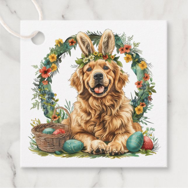 Happy Easter Golden Retriever Dog Bunny Ears Gåvor Etiketter (Framsida)