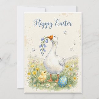 Happy Easter Goose Card | Chick & Bellflowers Julkort