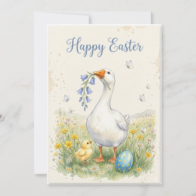 Happy Easter Goose Card | Chick & Bellflowers Julkort (Framsida)