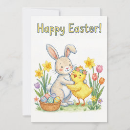 Happy Easter Greeting Card – Cute Bunny and Chick Julkort