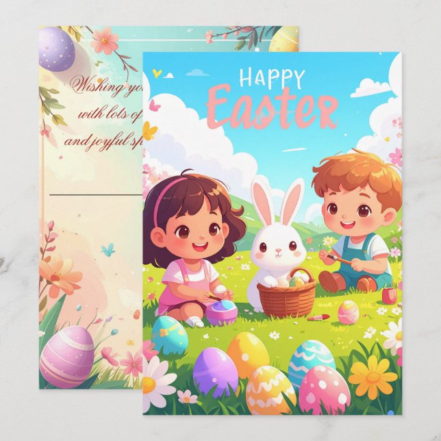 Happy Easter Greeting Card – Cute Bunny Easter Egg Julkort (Fram/baksida)