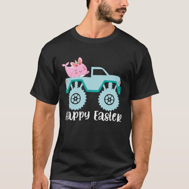 Happy Easter Narwhal Riding Monster Truck Toddler T Shirt (Framsida)