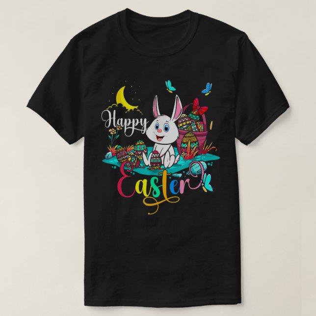 Happy Easter Night Bunny Easter Eggs Basket Happy  T Shirt (Design framsida)