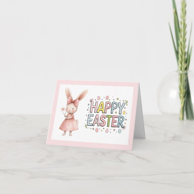 Happy Easter Pink Bunny Folded Greeting Card Kort (Framsida)