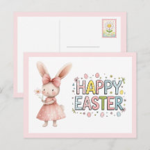 Happy Easter Pink Bunny Postcard