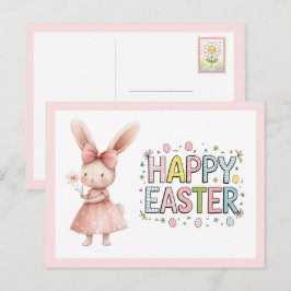 Happy Easter Pink Bunny Postcard Helg Vykort