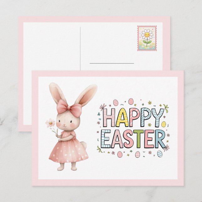 Happy Easter Pink Bunny Postcard Helg Vykort (Fram/baksida)