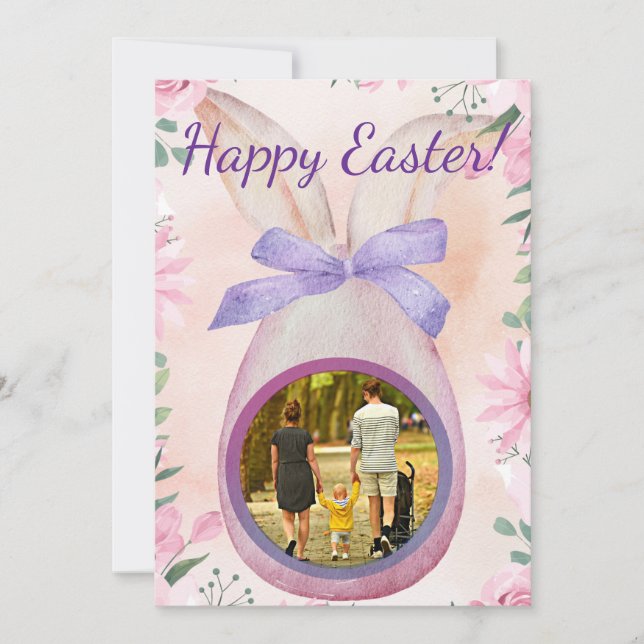 Happy Easter pink egg with bow insert photo Inbjudningar (Framsida)