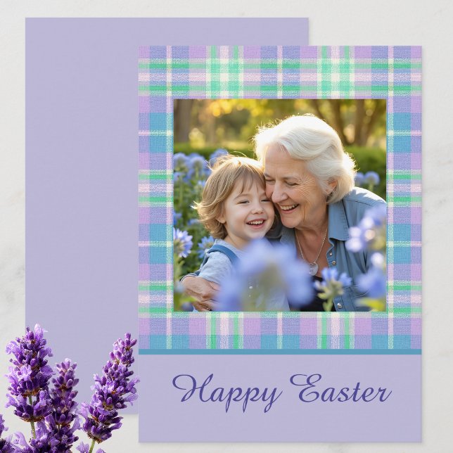 Happy Easter Plaid One Photo Purple Blue Pastel Julkort (Skapare uppladdad)