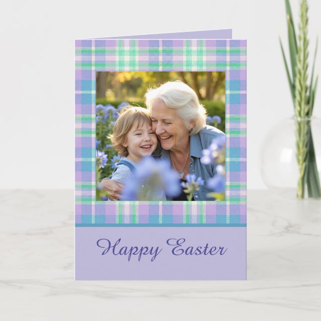 Happy Easter Plaid One Photo Purple Blue Pastel Kort (Framsida)