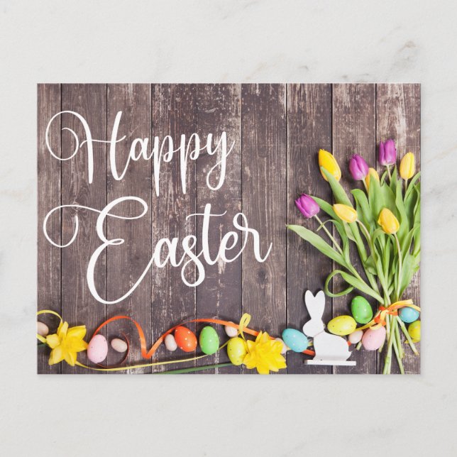 Happy Easter Postcard Wood Background Flowers Vykort (Framsida)