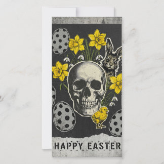 Happy Easter Skull Card With Daffodils, Rabbit Julkort