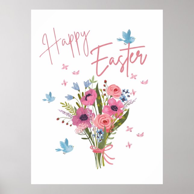 Happy Easter Spring Floral Bouquet & Blue Birds Poster (Framsidan)