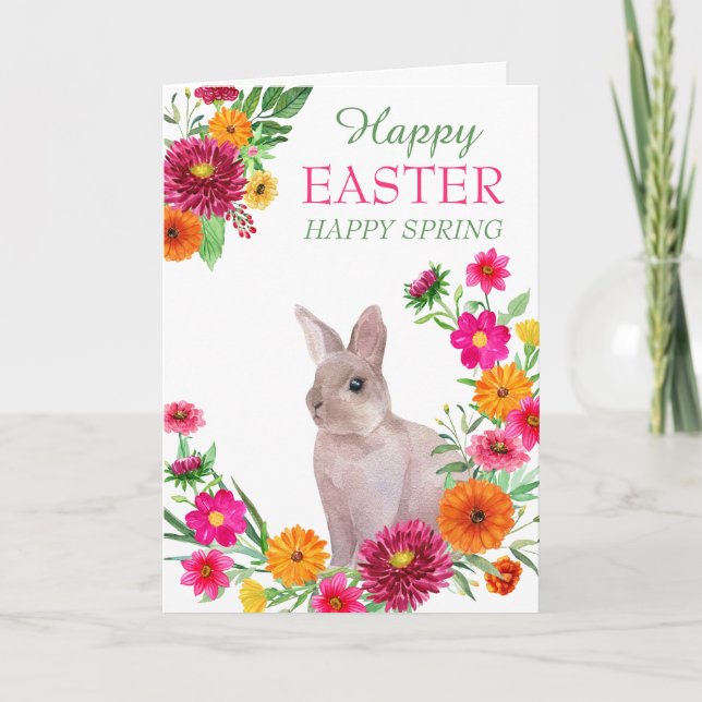 Happy Easter Spring Floral Wreath Bunny Helgkort (Framsida)
