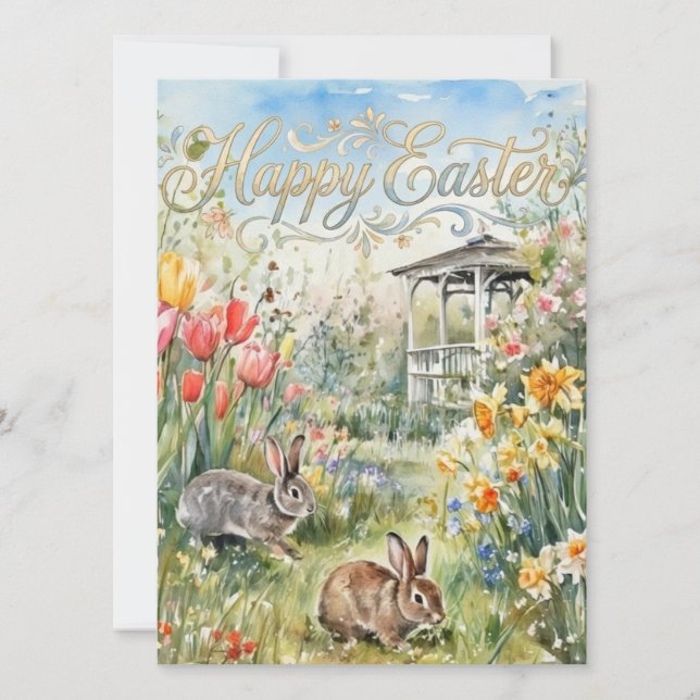 Happy Easter Spring Flowers & Bunnies Easter Card (Framsida)