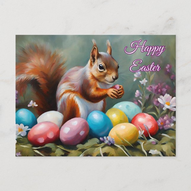 Happy Easter Squirrel with Easter Eggs, Flowers  Helg Vykort (Framsida)