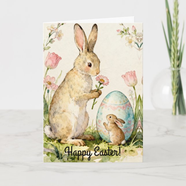 Happy Easter Vintage Bunny Family Illustration Kort (Framsida)