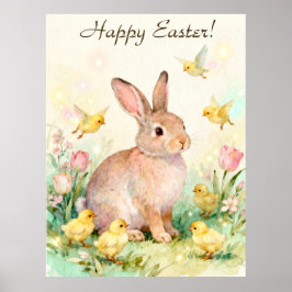 Happy Easter Vintage Bunny with Chicks Poster