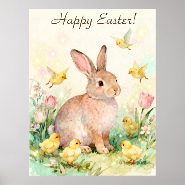 Happy Easter Vintage Bunny with Chicks Poster (Framsidan)