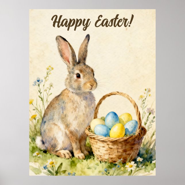 Happy Easter Vintage Bunny with Egg Basket Poster (Framsidan)