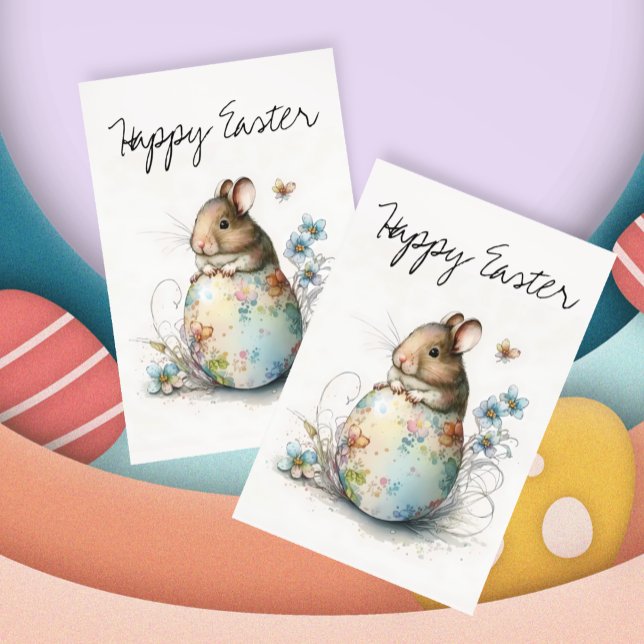 Happy Easter Watercolor Baby Mouse  Vykort (Skapare uppladdad)