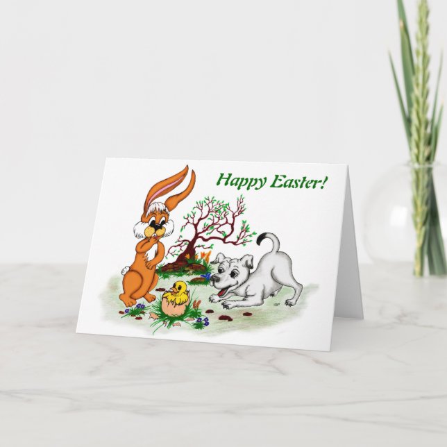 Happy Easter! Welpe, Küken, Hase Helgkort (Framsida)