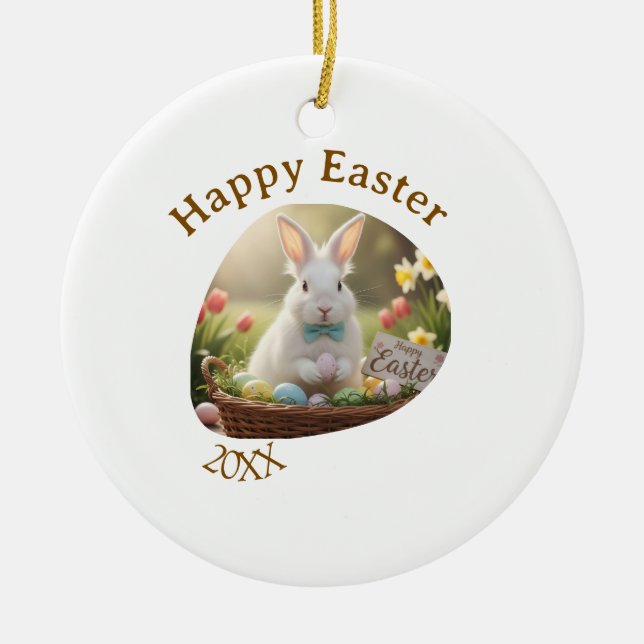 Happy Easter white bunny year photo family name  Julgransprydnad Keramik (Framsidan)