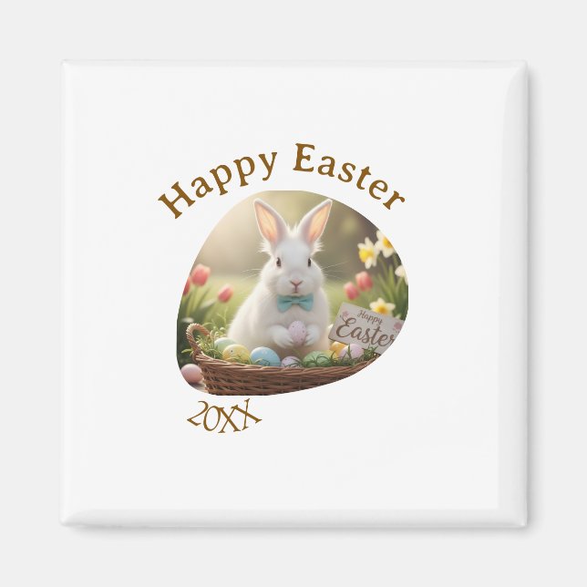 Happy Easter white bunny year photo family name  Magnet (Framsidan)