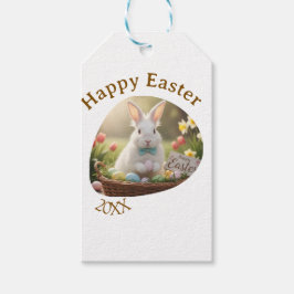 Happy Easter white bunny year photo family name  Presentetikett