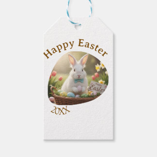 Happy Easter white bunny year photo family name Presentetikett