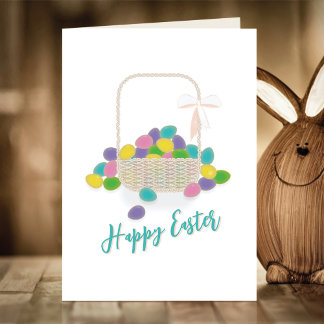 Happy Easter Wicker Basket &  Pastel Eggs Spring Helgkort
