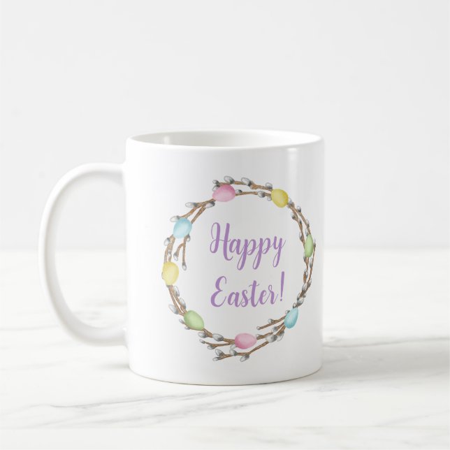 Happy Easter Willow Wreaths With Pastel Eggs Kaffemugg (Vänster)