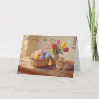 Happy Easter with Colorful Eggs and Tulips Kort
