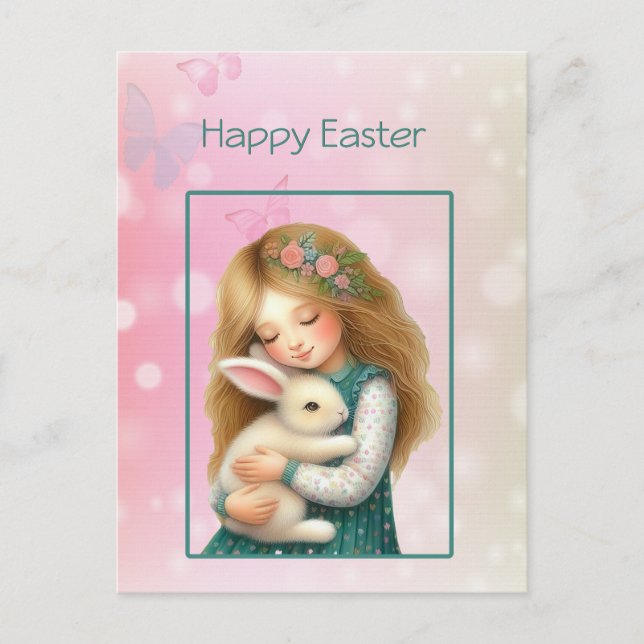 Happy Easter with Cute Girl and Bunny Card Helg Vykort (Framsida)