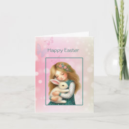 Happy Easter with Cute Girl and Bunny Card Helgkort