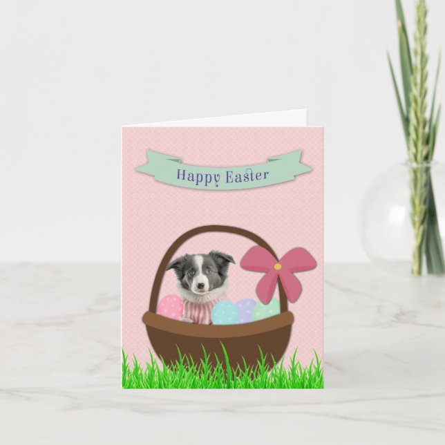 Happy Easter with Dog in Easter Basket Card Helgkort (Framsida)