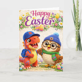 Happy Easter with Rex and cute dinosaur and owl sp Kort