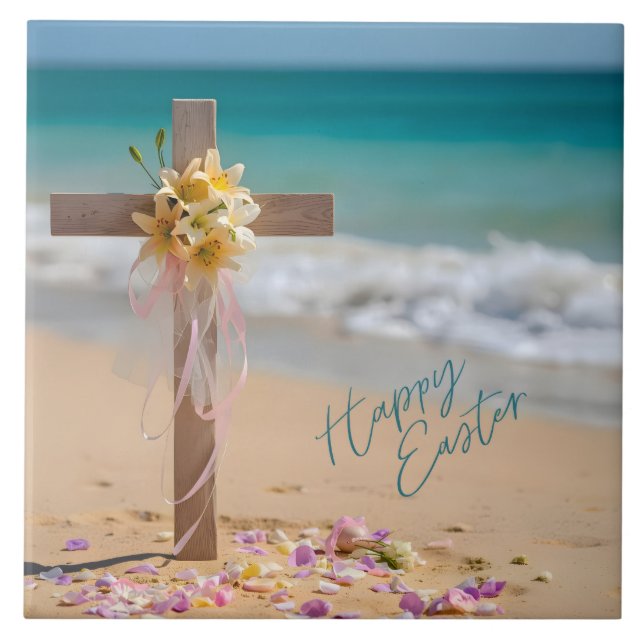 Happy Easter Wooden Cross and Lilies on Beach Kakelplatta (Framsidan)