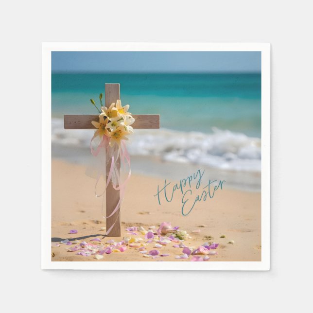 Happy Easter Wooden Cross and Lilies on Beach Pappersservett (Framsidan)