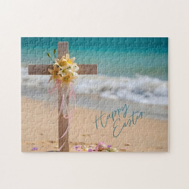 Happy Easter Wooden Cross with Lilies on Beach Pussel (Horisontell)