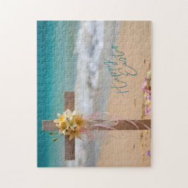 Happy Easter Wooden Cross with Lilies on Beach Pussel