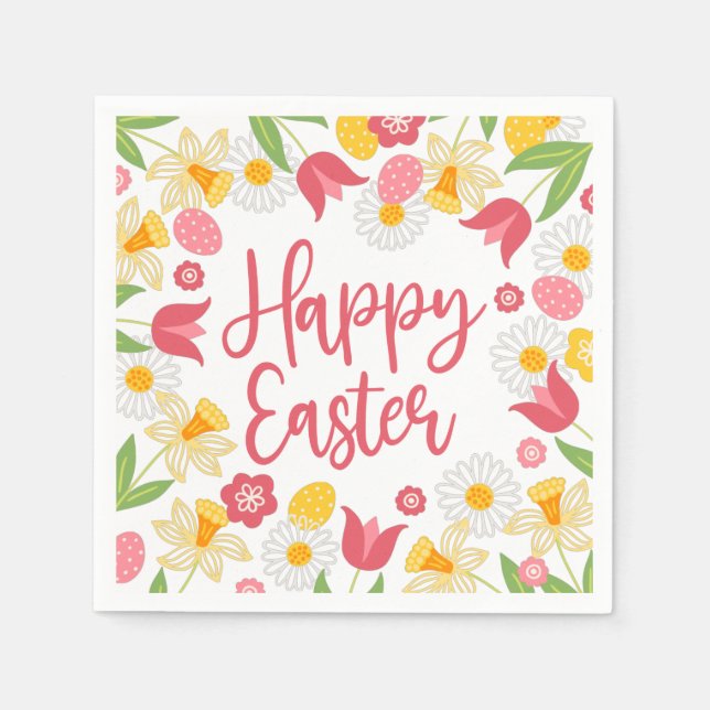Happy Easter | Yellow and Red Floral  Pappersservett (Framsidan)