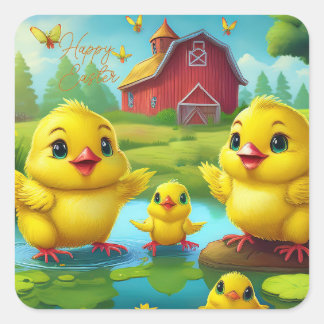 Happy Easter Yellow Chicks in a Pond by a Red Barn Fyrkantigt Klistermärke