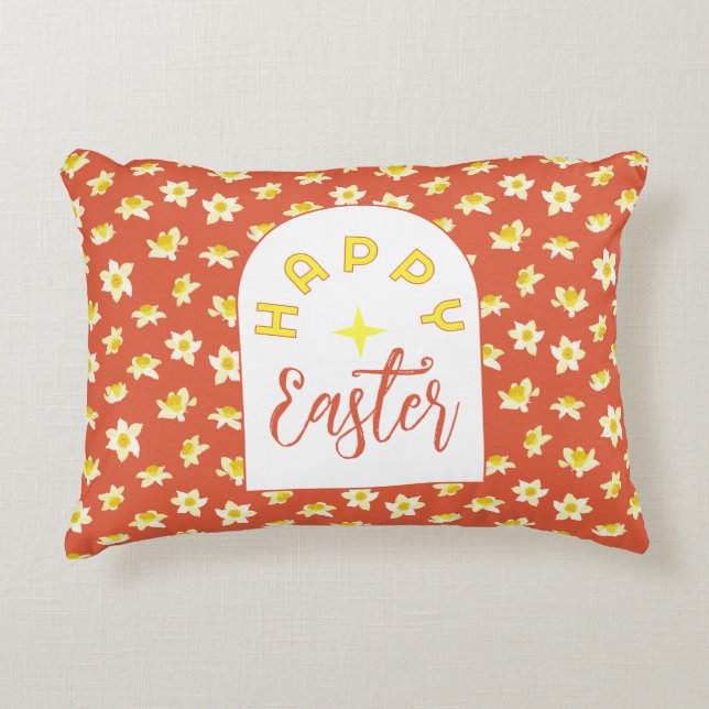 Happy Easter. Yellow Daffodils Spring Modern. Prydnadskudde (Framsidan)